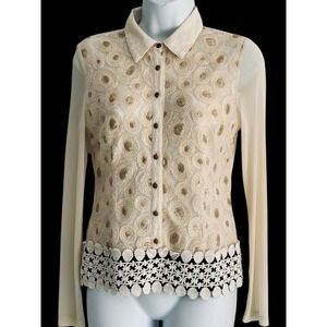 Grifflin Paris Women Top S Sheer Embroidered Lace Hem Blouse Boutique Luxury